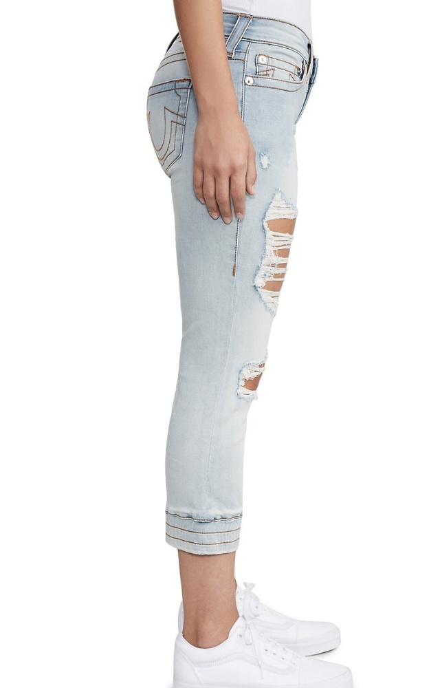 NWT TRUE RELIGION WOMENS DESTROYED JOGGER CAPRI JEAN - Picture 3 of 4